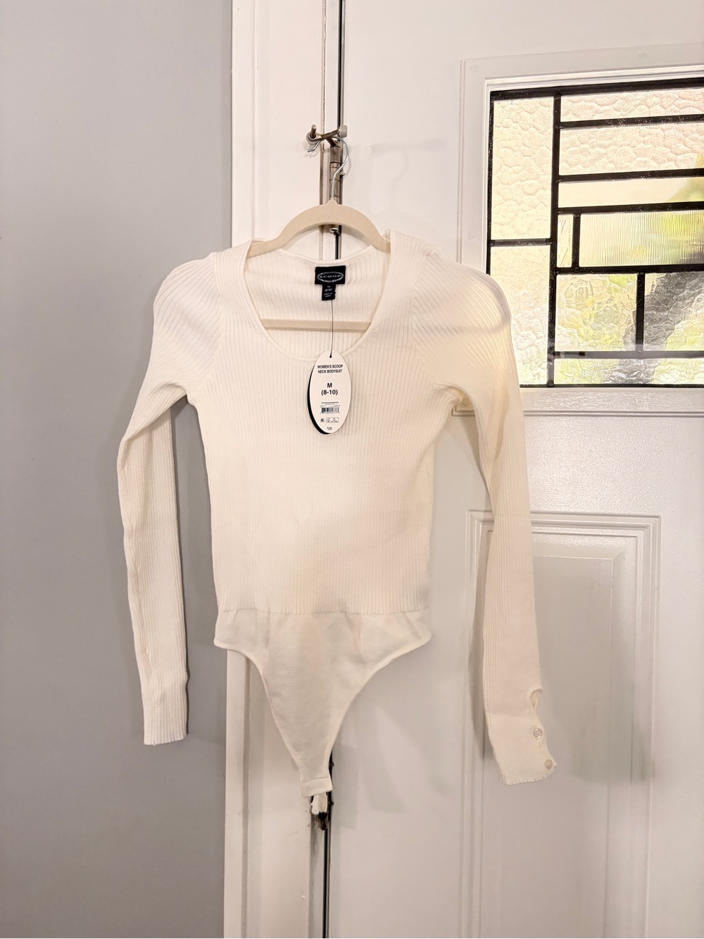 Scoop Cream Ribbed Long Sleeve Scoop Neck Bodysuit w/thumb holes
